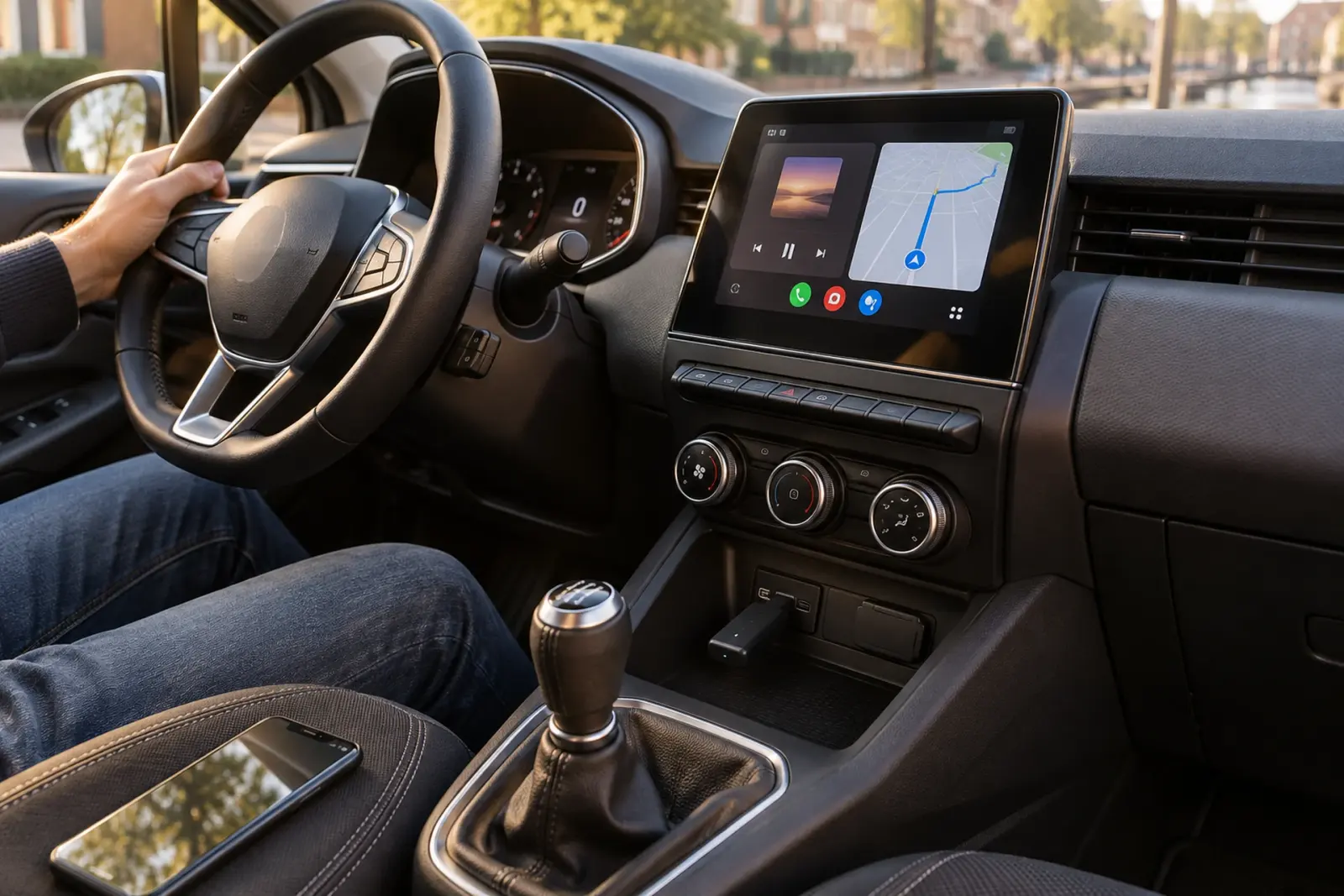Android Auto bestellen in Utrecht: draadloze adapter in de USB-poort naast de versnellingspook, met Google Maps op het touchscreen