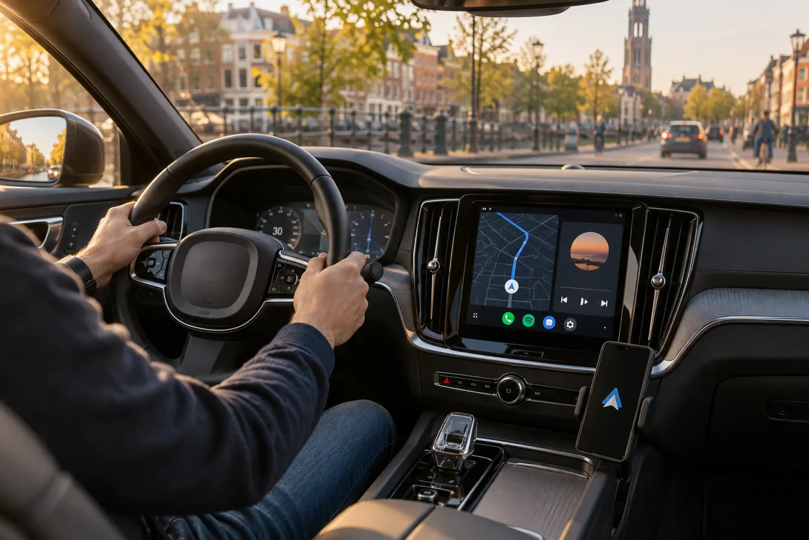 Android Auto met Google Maps op het dashboardscherm van een auto in Utrecht, met de Domtoren door de voorruit zichtbaar