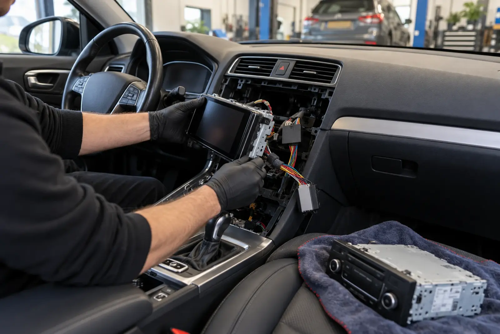 Android Auto radio inbouwen in Utrecht: monteur houdt de nieuwe 2-DIN autoradio met kabelboom voor de dashboardopening, de oude radio ligt op de stoel