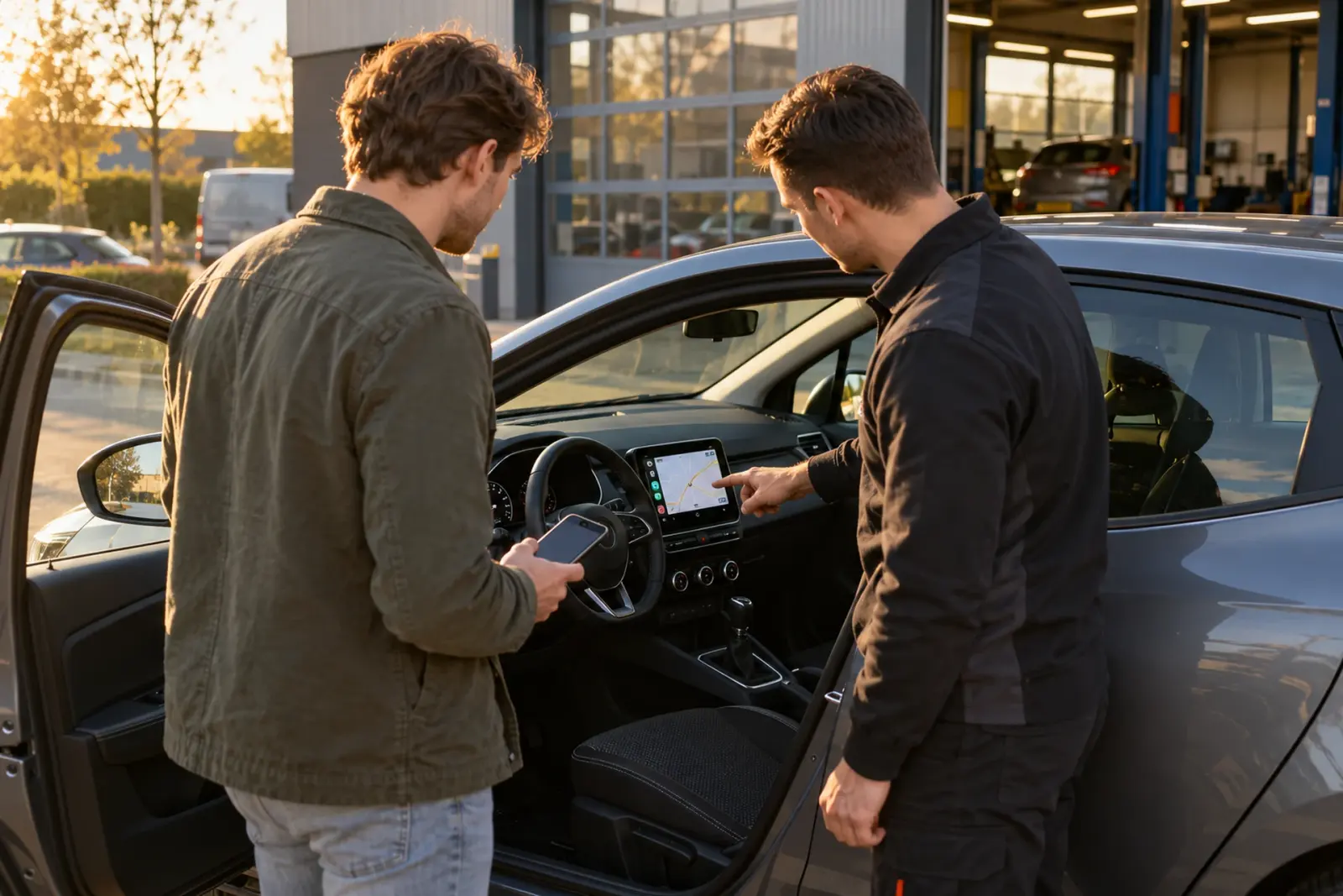 Monteur van de inbouwpartner wijst een klant uit Utrecht het nieuwe CarPlay-scherm in een grijze hatchback voor de werkplaats