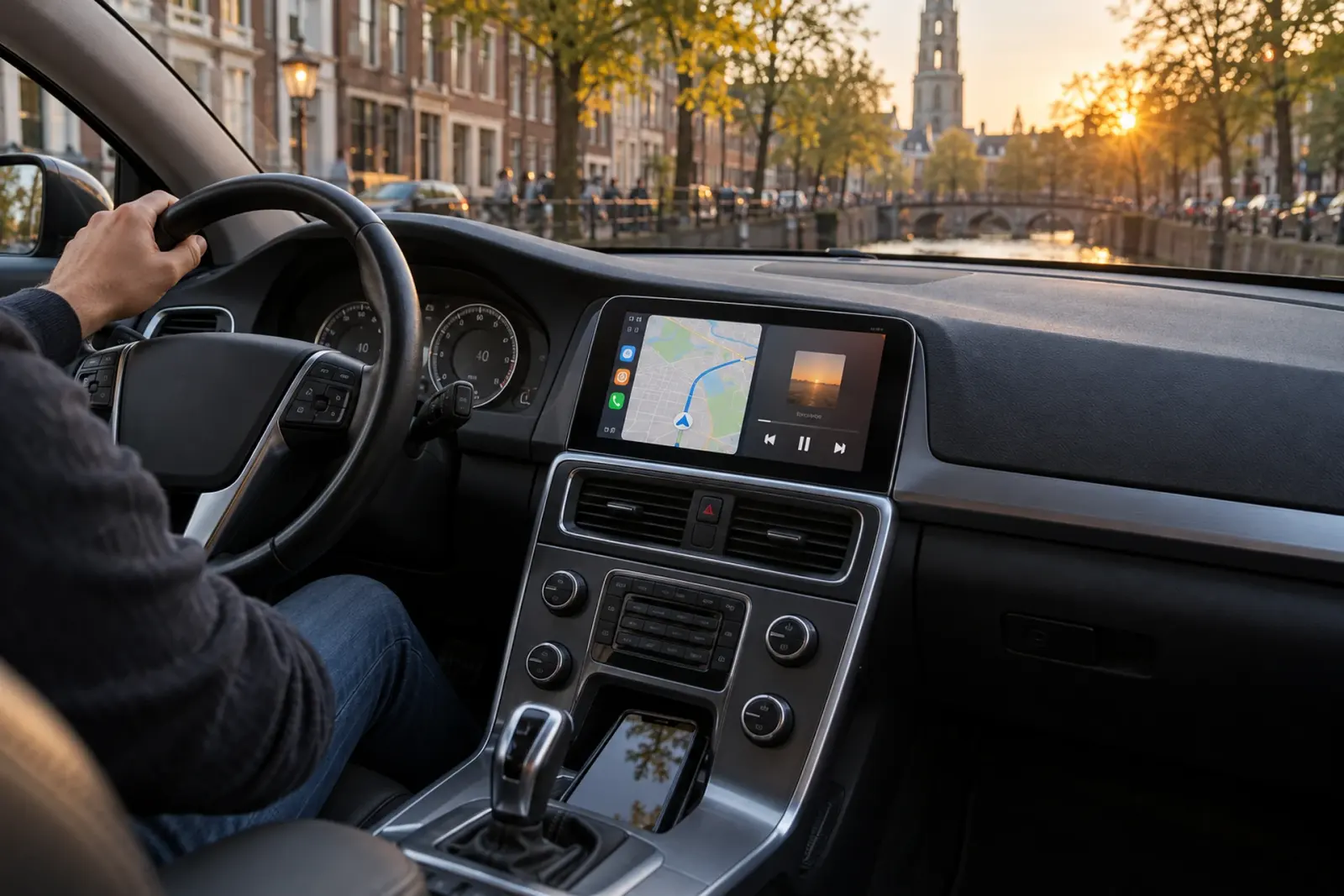 CarPlay bestellen in Utrecht: navigatie op een ingebouwd scherm tijdens een rit langs de gracht met de Domtoren in beeld