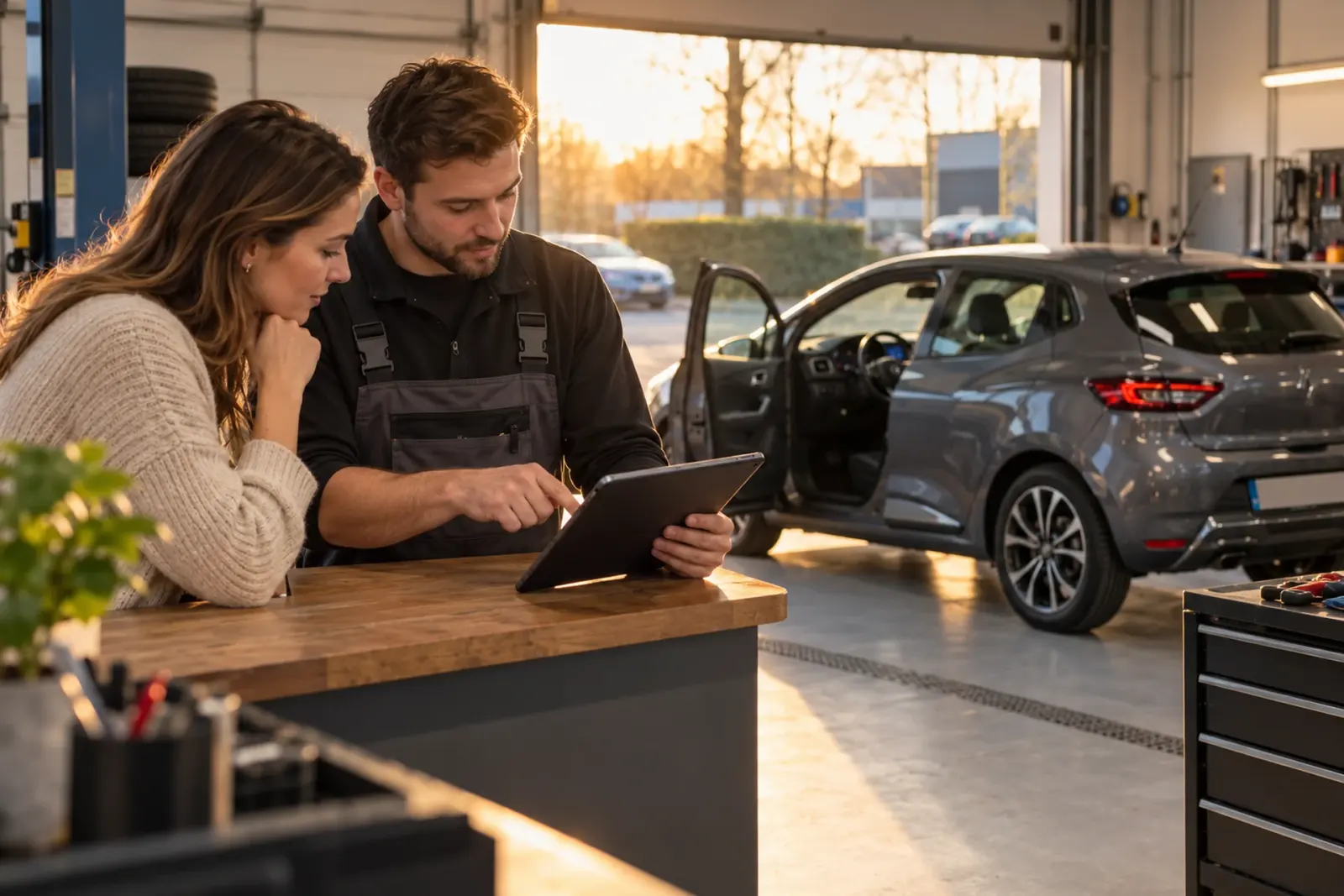 Monteur van de inbouwpartner licht een klant uit Utrecht de offerte voor CarPlay inbouwen toe op een tablet aan de balie van de werkplaats