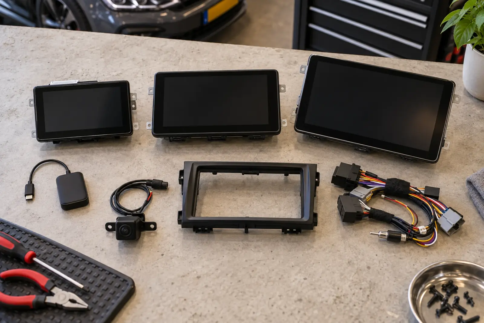 CarPlay prijzen in Utrecht: drie touchscreens, een draadloze adapter, een achteruitrijcamera, inbouwframe en kabelboom naast elkaar op de werkbank