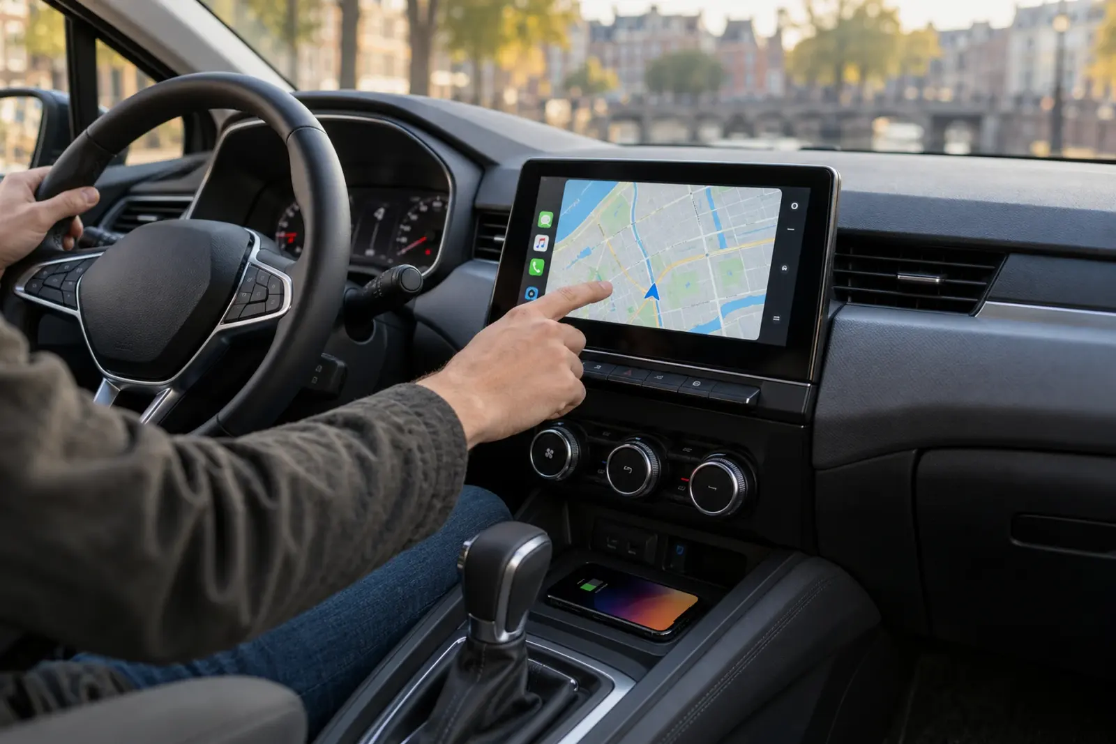 CarPlay scherm bestellen in Utrecht: bestuurder bedient de navigatie op een 9-inch touchscreen, met een gracht en brug op de achtergrond