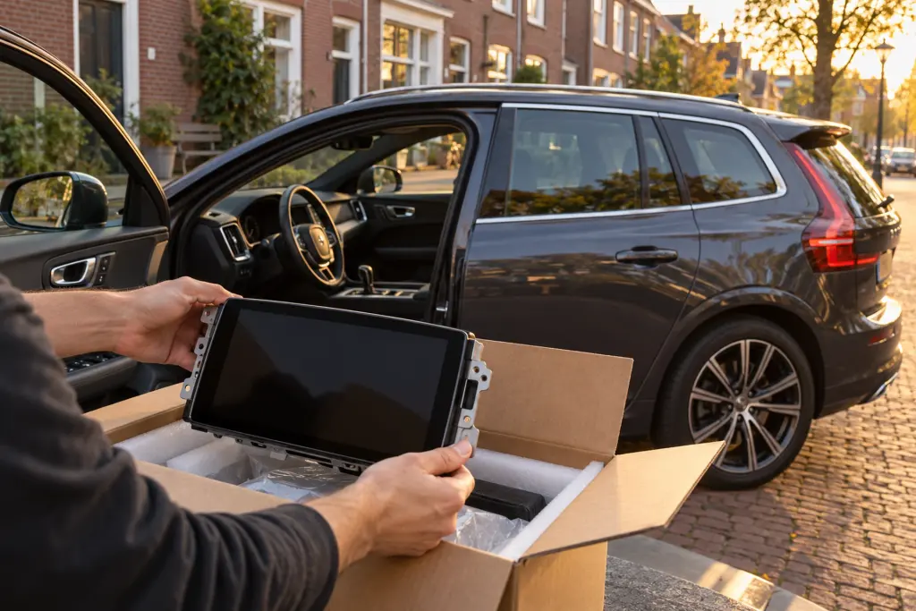Nieuw CarPlay-touchscreen wordt uit de doos gehaald naast een donkere SUV in een woonstraat in Utrecht