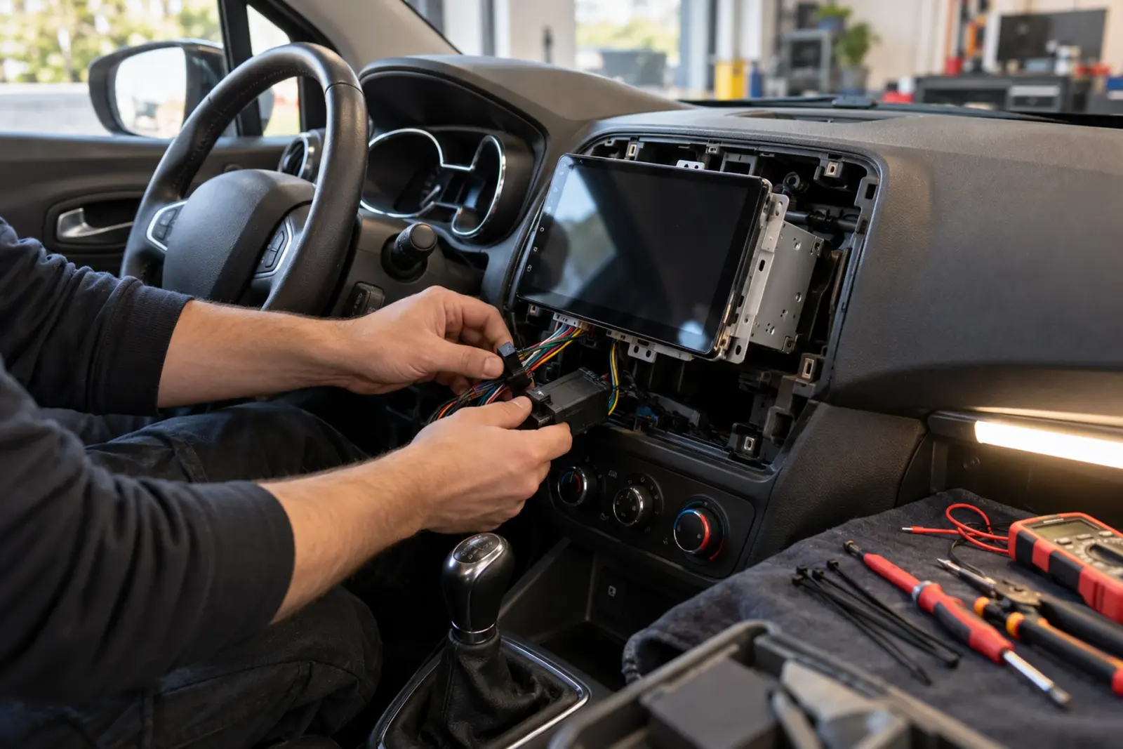 CarPlay scherm inbouwen in Utrecht: monteur sluit de kabelboom achter het nieuwe touchscreen aan, met multimeter en gereedschap binnen handbereik