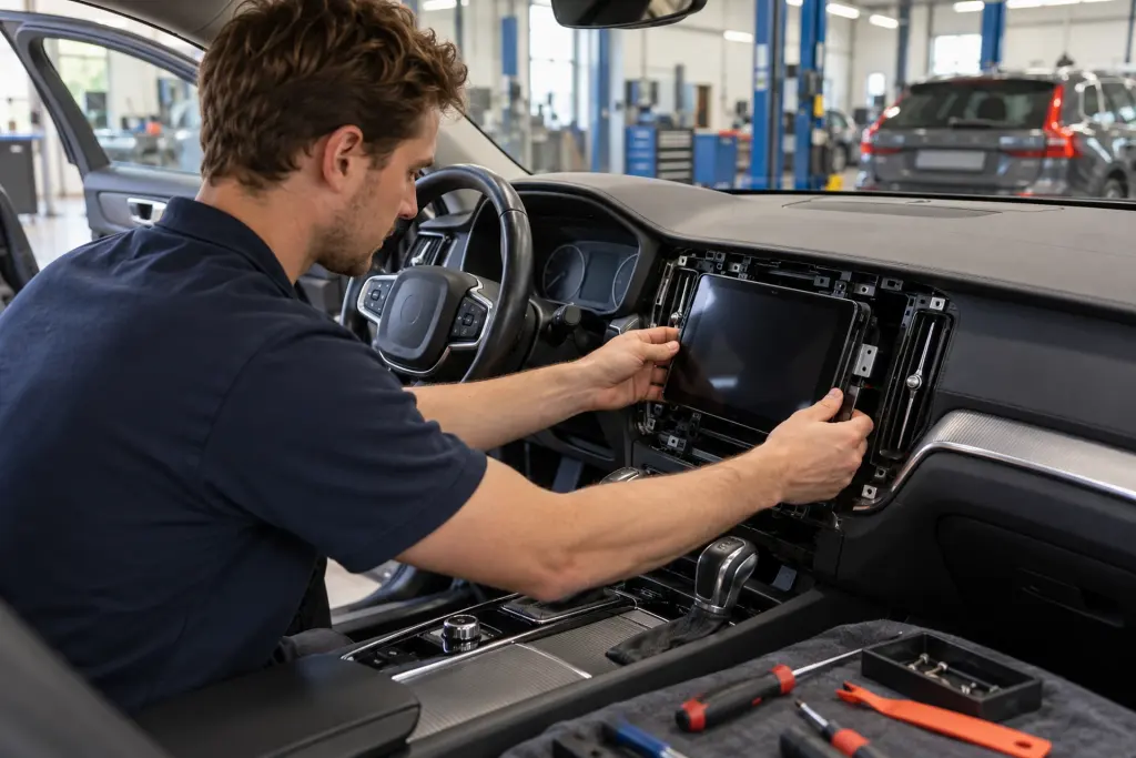 Monteur plaatst een CarPlay-scherm in de dashboardopening van een auto uit Utrecht in de werkplaats van de inbouwpartner